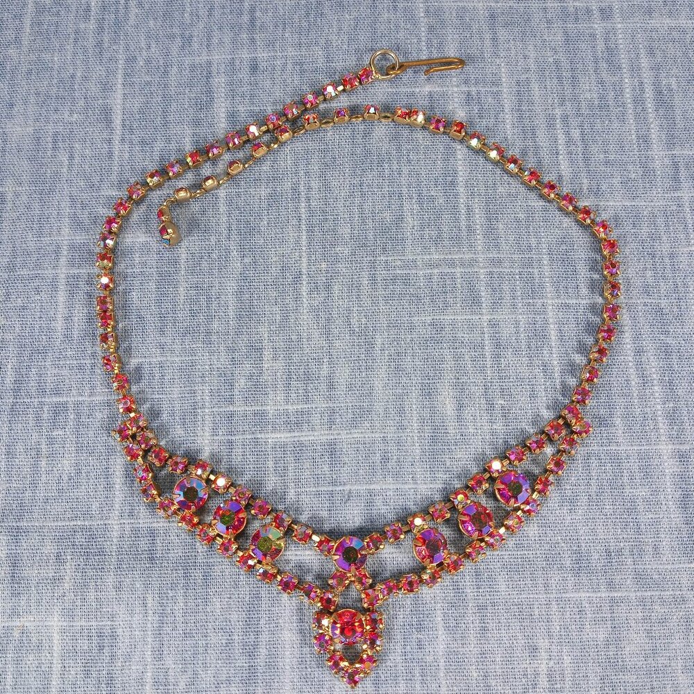 1950s Vintage Necklace with Red Aurora Borealis Rhinestones in a Drop Design